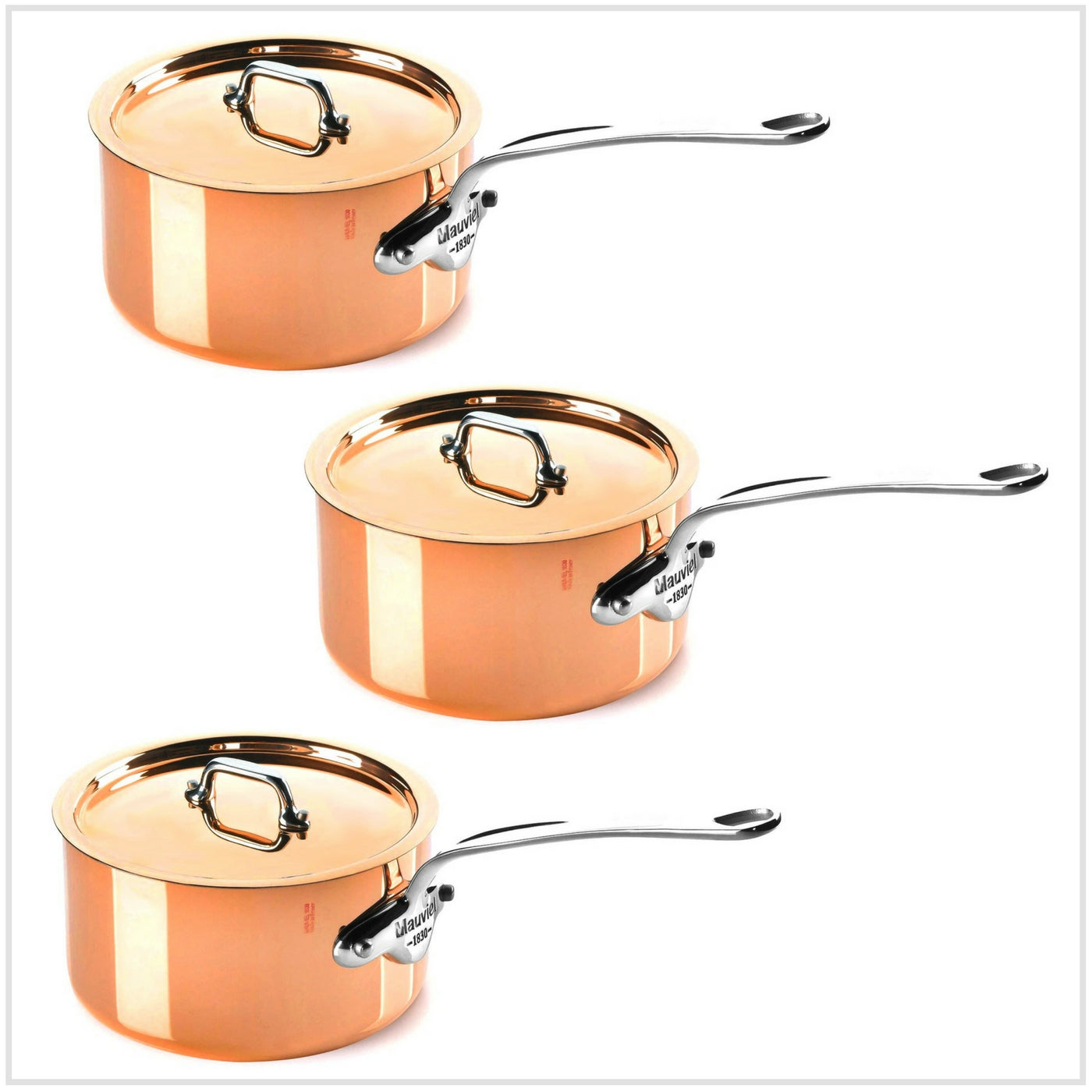 Mauviel M'150S Copper Saucepan Set 16,18, 20cm with Lids (Stainless Steel Handles)